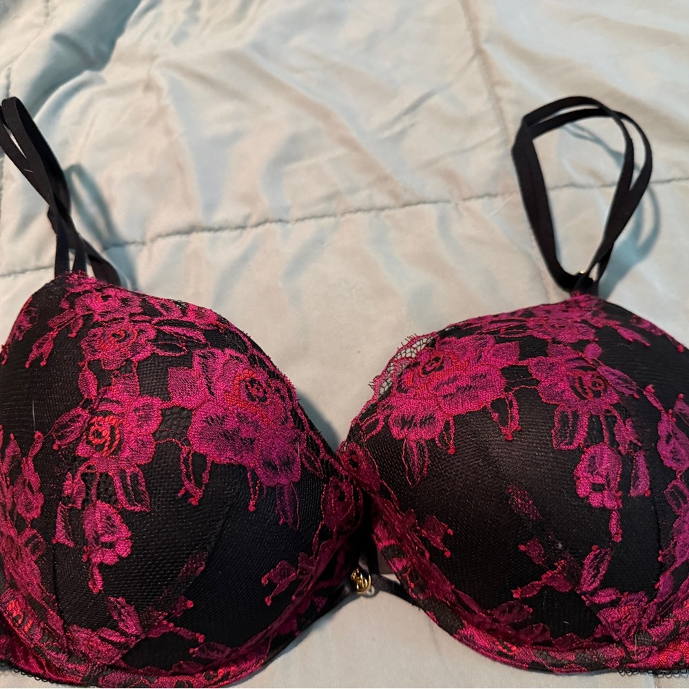 Victoria's Secret Black Bra with Fuchsia Floral Lace